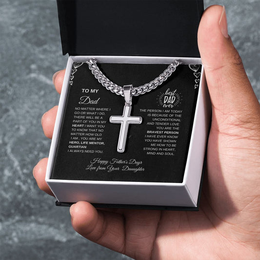 Perfect Gift to Dad from daughter | Personalized Steel Cross Necklace on Cuban Chain w/ MC
